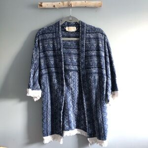 Michael Kors blue white tweed 3/4 sleeve boho fringed sweater jacket kimono S